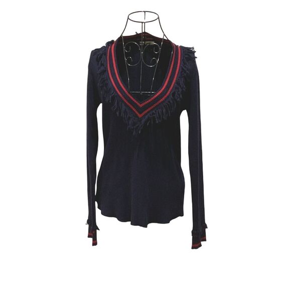 ULLA JOHNSON Ainsley Fringed Cotton/Cashmere Sweater Navy Blue Size S - Picture 1 of 7